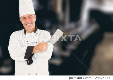 Composite image of man in chef uniform holding meat cleaver 24325844