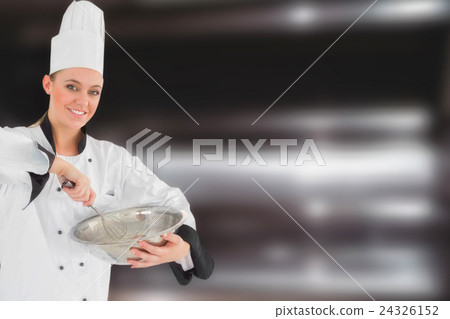 Composite image of happy female chef holding wire whisk and mixing bowl Composite image of happy female chef holding wire whisk and mixing bowl 24326152