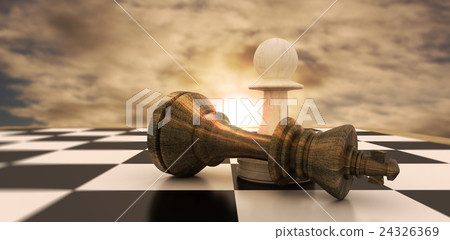 Composite image of white pawn standing over fallen black king 24326369