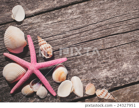 Sea shells on wooden background Sea shells on wooden background 24327951