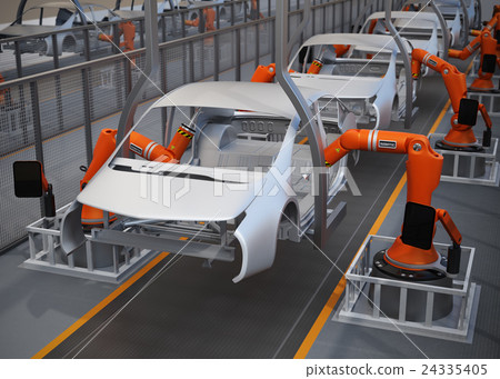 Assembly factory image of electric car. 3D rendered image. 24335405