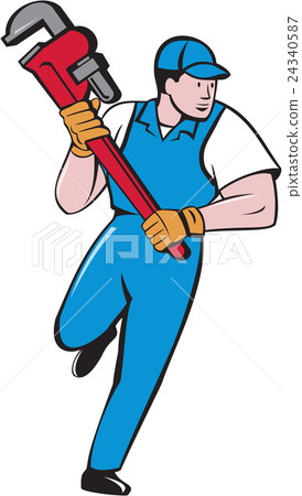 Plumber Running Pipe Wrench Cartoon Plumber Running Pipe Wrench Cartoon 24340587
