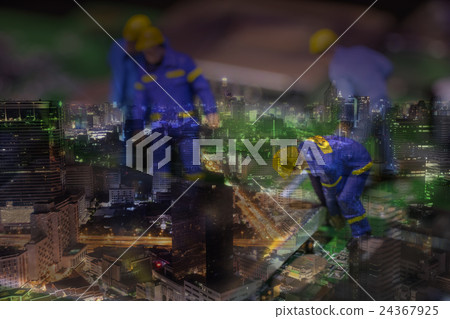 double exposure of mini worker and urban cityscape 24367925