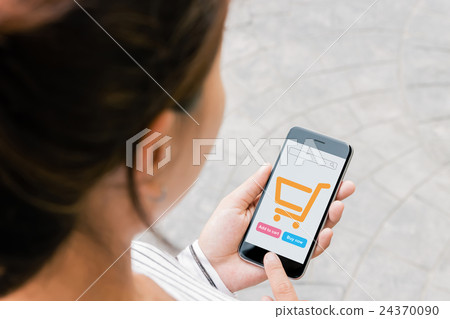 close up woman use phone shopping online close up woman use phone shopping online 24370090