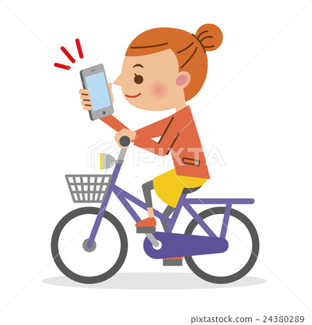 A woman who drives a bicycle while operating a smartphone A woman who drives a bicycle while operating a smartphone 24380289