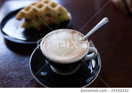 late coffee wiht waffle salad ham sheet. 24388282