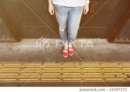 Sneakers Canvas Shoes Human Feet Legs Standing Concept 24397372