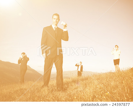 Business People Communicate Through The Paper Cup Phone Outdoors 24397877