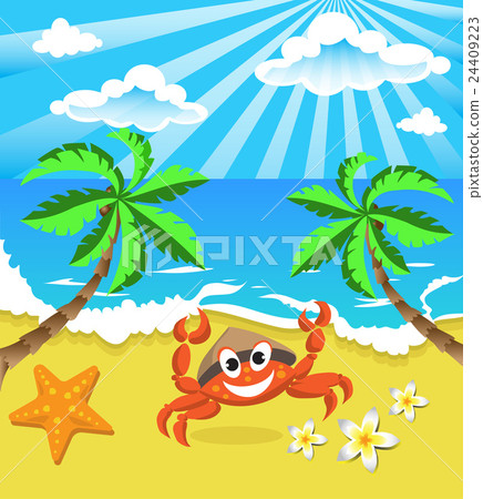 Happy crab in hat with star and flowers Happy crab in hat with star and flowers 24409223
