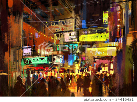 crowd of people in night street,painting crowd of people in night street,painting 24416481
