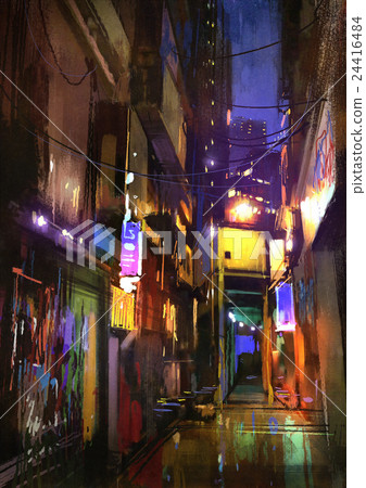 Painting Of Dark Alley At Night Stock Illustration