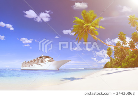 Lurxurious Cruise Ship By The Beach With Palm Coconut Trees 24420868