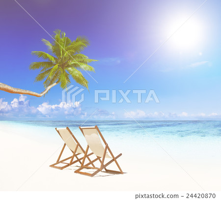 Paradise Beach for Relaxation with Palm Trees and Beach Chairs Paradise Beach for Relaxation with Palm Trees and Beach Chairs 24420870