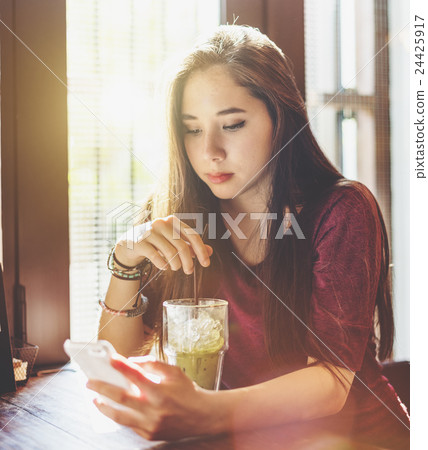 Woman Drinking Beverage Mobile Phone Technology Concept Woman Drinking Beverage Mobile Phone Technology Concept 24425917