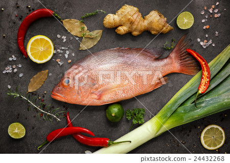 Fresh ingredients to cook fish,red snapper, leak, Fresh ingredients to cook fish,red snapper, leak, 24432268
