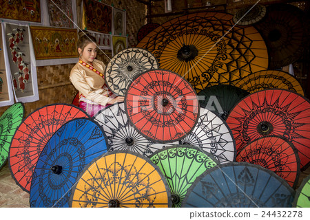 Asian Women in Umbrella Shop in  Bagan in Myanmar  24432278