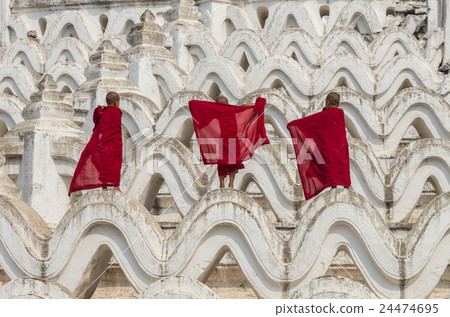 Back side of three young monk change the robe on the Mya Thein Tan Pagoda at bagan, mandalay, myanmar Back side of three young monk change the robe on the Mya Thein Tan Pagoda at bagan, mandalay, myanmar 24474695