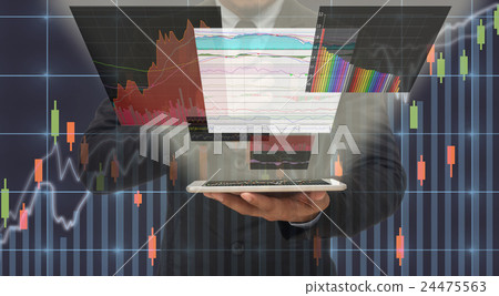 Businessman holding the taplet shown the trading graph of stock market on the virtual screen over the stock chart background, Business stock market concept Businessman holding the taplet shown the trading graph of stock market on the virtual screen over the stock chart background, Business stock market concept 24475563