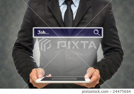 Businessman holding the tablet with browsing of Internet searching “Job” bar on the wall background, Internet concept Businessman holding the tablet with browsing of Internet searching “Job” bar on the wall background, Internet concept 24475684
