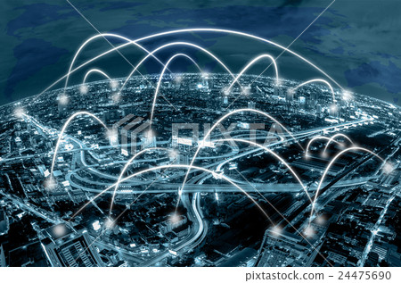 Network connection line between building over the top view of cityscape background and world map background which dicut each elements, cool tone color,business social network and connection concept Network connection line between building over the top view of cityscape background and world map background which dicut each elements, cool tone color,business social network and connection concept 24475690