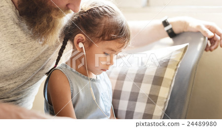 Family Father Daughter Love Parenting Listening Music Togetherness Concept Family Father Daughter Love Parenting Listening Music Togetherness Concept 24489980