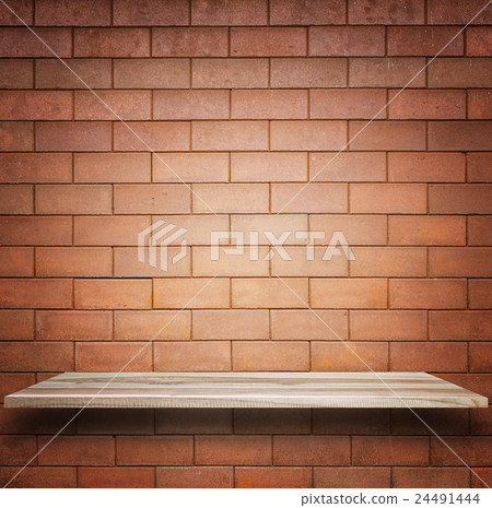 Empty top wooden shelves and stone wall background Empty top wooden shelves and stone wall background 24491444