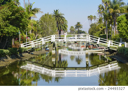 White tree bridge over the canal of Venice beach in the morning light White bridge reflected on the water surface 24493327