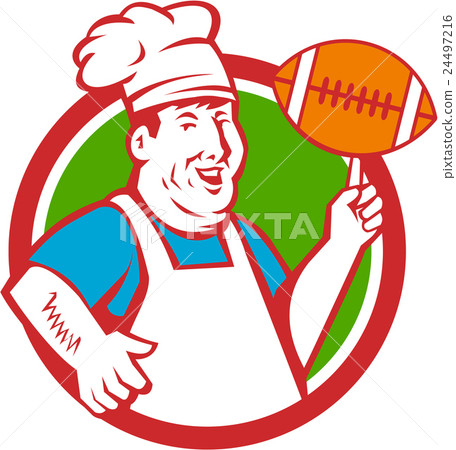 Fat Chef Cook Twirling Football Circle Retro 24497216