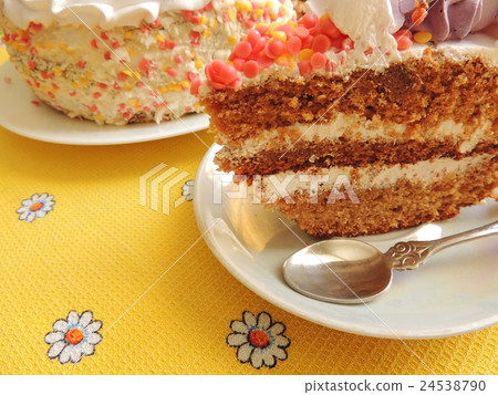 Sponge cake cut piece on a saucer. 24538790