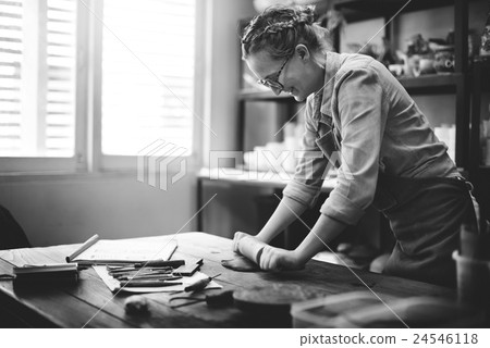 Woman Rolling Clay Craftsman Skill Concept 24546118