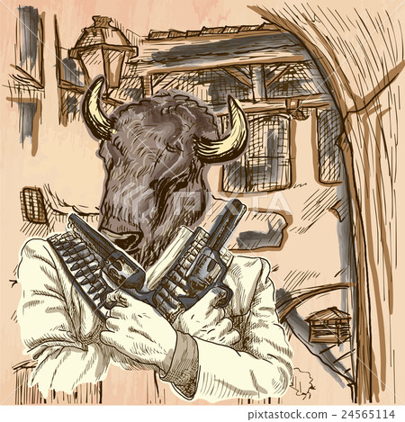Gunman. Bison - An hand drawn vector. Line art. 24565114