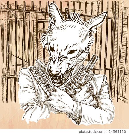 Gunman. Wolf - An hand drawn vector. Line art. 24565130