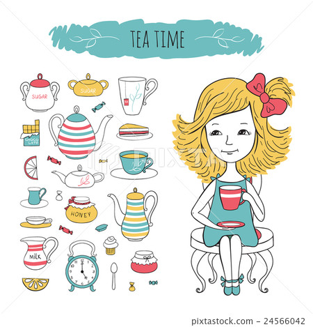 Tea collection and girl on chair. Tea collection and girl on chair. 24566042