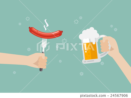 Hand holding sausage and hand with glass of beer Hand holding sausage and hand with glass of beer 24567906