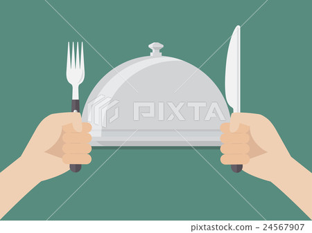 Knife and fork cutlery in hands with serving tray 24567907