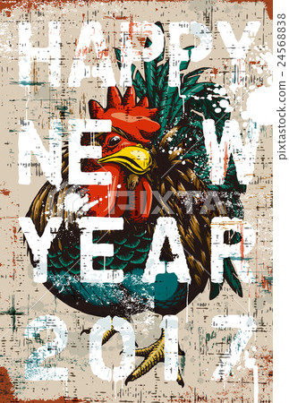 2017年新年賀卡模板“彩繪ROOSTER”新年快樂註釋無明信片垂直方向 24568838