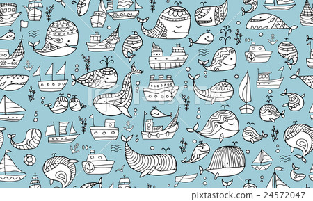 Whales and ships, seamless pattern for your design Whales and ships, seamless pattern for your design 24572047