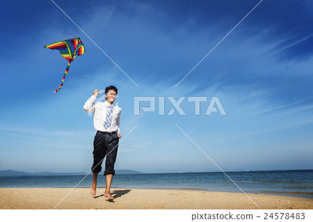 Businessman Kite Sky Sea Beach Travel Leisure Concept 24578483