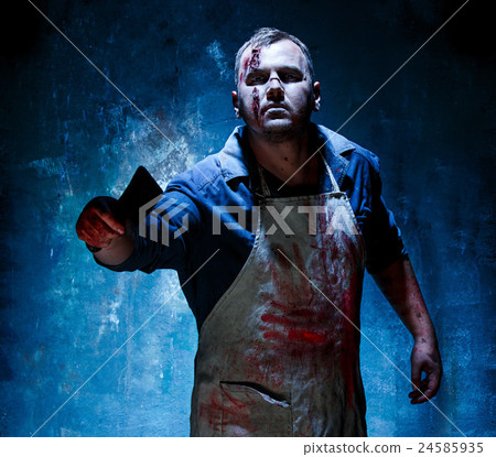 Bloody Halloween theme: crazy killer as butcher Bloody Halloween theme: crazy killer as butcher 24585935