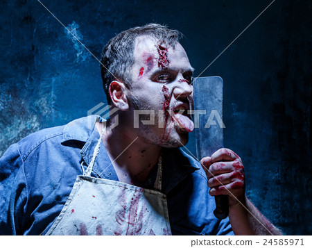 Bloody Halloween theme: crazy killer as butcher Bloody Halloween theme: crazy killer as butcher 24585971