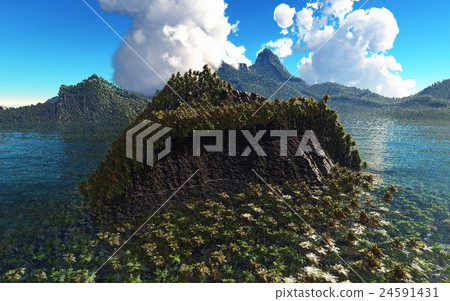 Volcanic eruption on island 3d rendering Volcanic eruption on island 3d rendering 24591431