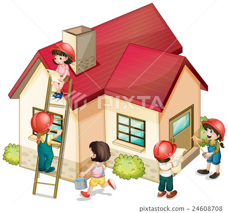 Many children constructing the house Many children constructing the house 24608708