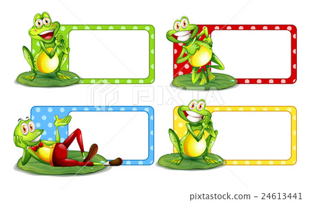Label design with green frogs on leaves 24613441