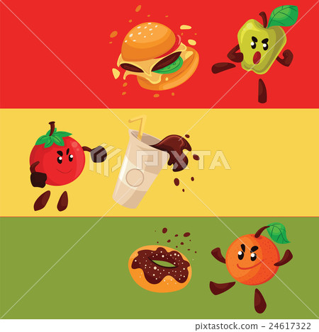 Apple, orange, tomato fighting burger, donut, coke Apple, orange, tomato fighting burger, donut, coke 24617322