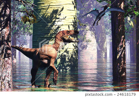 Velociraptor and pterodactyl 3d rendering 24618179
