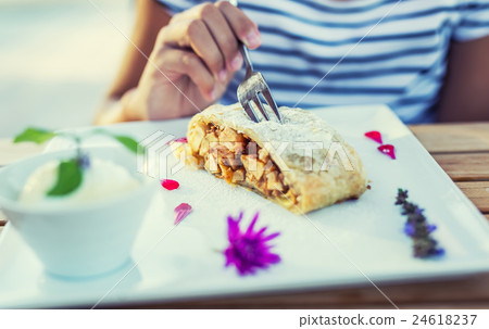 Apple strudel vanilla ice cream with herbs flowers 24618237