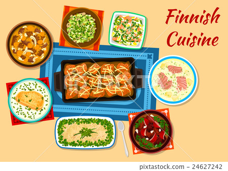 Finnish cuisine fish and meat dinner dishes icon Finnish cuisine fish and meat dinner dishes icon 24627242