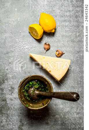 Different ingredients for Italian pesto. Different ingredients for Italian pesto. 24643342