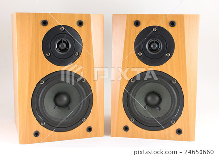 Wooden stereo speakers on white 24650660