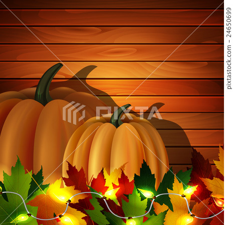 Autumn leaves and pumpkins on wooden texture 24650699